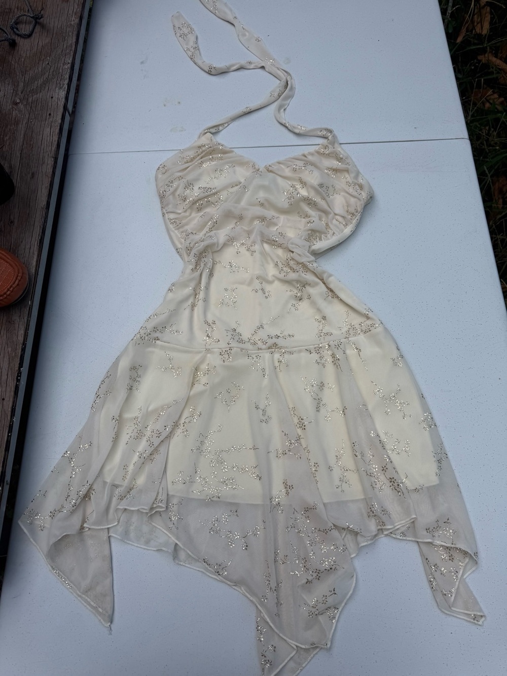 Vintage Taboo Ivory Halter Handkerchief Hem Dress with Gold Sparkle